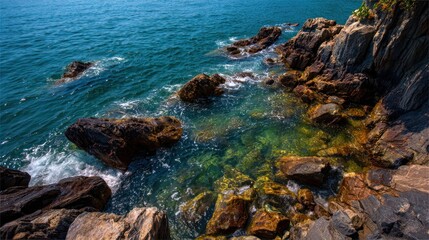 Rocky coastline with clear turquoise water and waves crashing against the rocks.