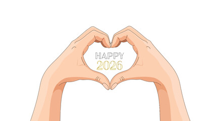 Fototapeta premium Two hands forming a heart shape with a 'Happy 2026' message inside, symbolizing love for the new year.