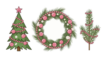 Illustration of three Christmas decorations: a tree, a wreath, and a small branch, all adorned with pink ornaments.