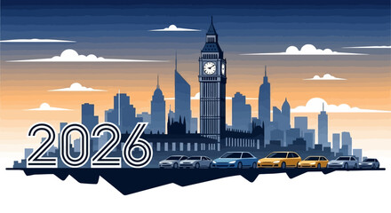 London skyline with Big Ben and cars, year 2026, digital art.