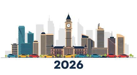 Vector illustration of a modern city with a clock tower, cars on the road, and the year 2026.
