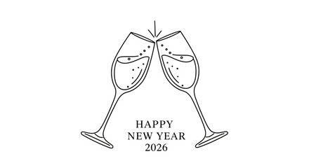 Line art illustration of two champagne glasses clinking, celebrating Happy New Year 2026 with bubbles and a festive toast.
