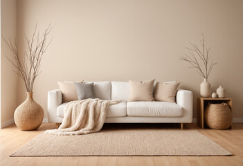 Fototapeta premium Illustration Minimalist cozy living room, white sofa with neutral and beige pillows