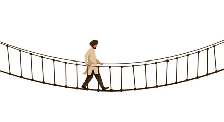 Balancing Act Man Walking on Rope Bridge Depicting Risk and Challenge