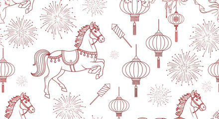 A celebratory seamless pattern with a line art carousel horse, Chinese lanterns, and fireworks on a white background.