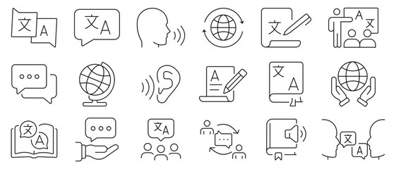 Language icon set. Translation and communication linear icon collection. Icon for translate, writing, speech, speaking, dictionary, text, communication, speech, talk and more. vector illustration.
