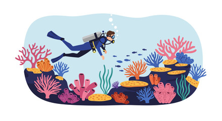 Diver Exploring Coral Reef with Vibrant Marine Life Illustration