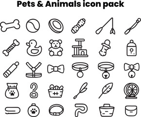 Cute minimal black and white icons of cats, toys, bowls, and lifestyle items. Designed for pet stores, cat care apps, and minimal vector illustrations