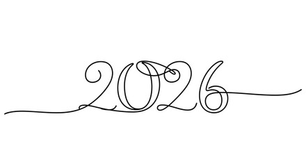 Elegant continuous one line drawing of the year 2026 on a white background.