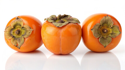 Three vibrant orange persimmons are lined up, isolated on white background, highlighting their smooth skin and unique calyx shape