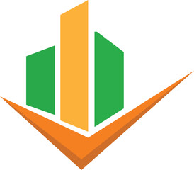 Modern Real Estate and Property Management Logo Design with Abstract Bar Chart Buildings, Green and Orange Colors, and a Confirm Check Mark for Finance, Construction, and Investment Branding