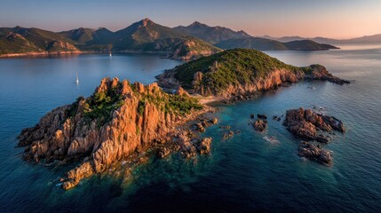 Island with rocky cliffs and trees surrounded by blue water and distant mountains.