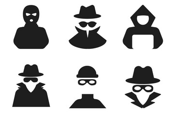 Incognito anonymous bandit set character silhouette icon, hacker or scammer with hidden face, villain. Thief, criminal, robber simple sign. 