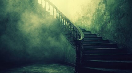 Eerie Green Mist Enveloping an Ornate Decaying Staircase in a Haunted Abandoned Mansion