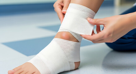 Close-up of a persons hands carefully wrapping a white bandage around an injured ankle, providing support and care.