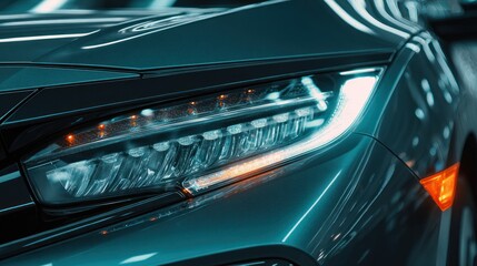 Fototapeta premium Automotive headlight detail showcasing illuminated lights and sleek design