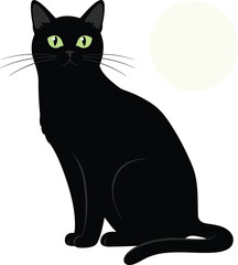 Mysterious black cat posing gracefully with bright green eyes near a soft yellow orb isolated on transparent background