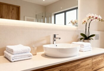 Fototapeta premium Minimalist bathroom with vessel sink, folded towels, and orchid decor 