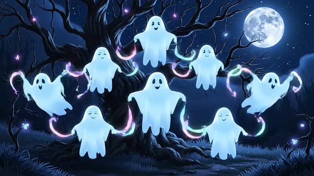 Glowing ghosts dance around an old tree under the moonlight on a spooky halloween night, creating a whimsical and eerie atmosphere.