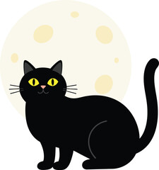 Mysterious black cat with bright green eyes posed near a soft yellow moon halloween theme isolated on transparent background