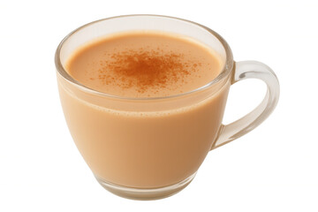Fototapeta premium Masala chai tea in a clear glass mug, topped with cinnamon powder, a traditional spiced hot milk beverage. Transparent background