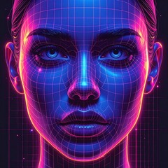 Futuristic portrait of a woman with a neon wireframe grid