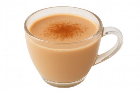 Masala chai tea in a clear glass mug, topped with cinnamon powder, a traditional spiced hot milk beverage. Transparent background
