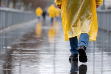 Person in bright yellow raincoat walking away on wet pavement during heavy rain, with others blurred in the distance.