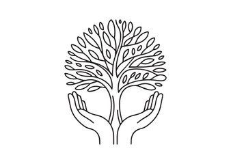 Tree in open hands line art vector
