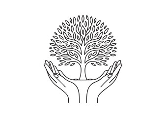 Tree in open hands line art vector