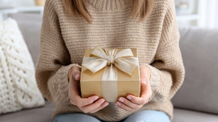Close-up of a person in a cozy sweater holding a golden gift box with a sparkling bow, sitting on a couch.