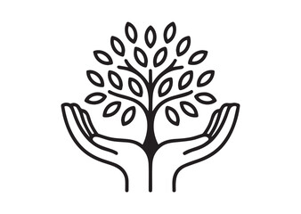 Tree in open hands line art vector