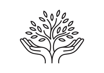 Tree in open hands line art vector