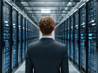 A businessman in a suit stands in a long data center hallway lined with blinking blue server racks, focusing on technology.