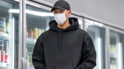 Asian man in a black hoodie and baseball cap wearing a face mask while shopping near refrigerated drinks.