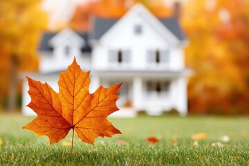 Vibrant autumn maple leaf in sharp focus on green lawn, contrasting with a blurred white farmhouse background.