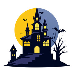 Vector art of haunted castle with bats and a large moon, spooky halloween theme