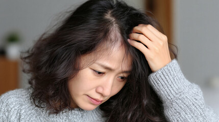Fototapeta premium Concerned woman with thinning hair touching scalp exploring hair loss causes and solutions with worried expression