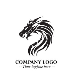 Head of Dragon Logo Symbol Black on White Background in Bold Mythical Vector Design for Power Branding