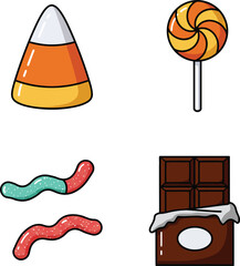 Collection of four fun halloween candies including candy corn gummy worms lollipop and chocolate bar isolated on transparent background