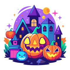Vector art of halloween pumpkins and haunted houses