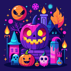 Vector art of spooky halloween night with jack o lanterns and haunted house