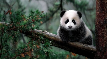 Obraz premium Cute panda bear resting on a tree branch in a natural environment