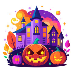 Vector art of haunted house and pumpkins on halloween night with colorful sky