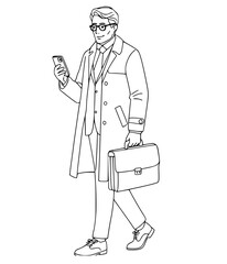 Line art Walking Businessman Checking Smartphone and Carrying Briefcase