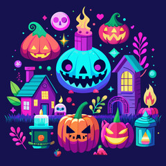 Vector art of halloween scene with carved pumpkins, haunted houses, and candles