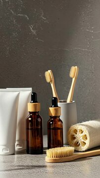 Natural bathroom essentials on concrete surface in subtle lighting