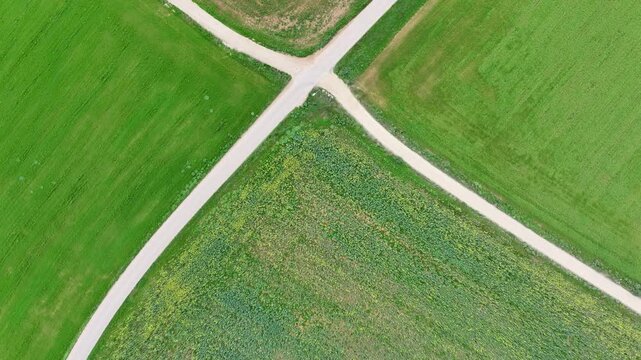 bird's-eye view of two paths crossing in the middle of a green meadow