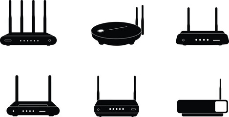 Router silhouette, wifi modem vector, wireless internet device, network equipment icon, technology illustration, broadband connection, antenna design, digital communication, home networking, signal