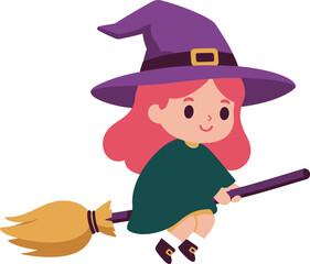 Cute cartoon witch flying on a broomstick adorable halloween character for festive designs isolated on transparent background